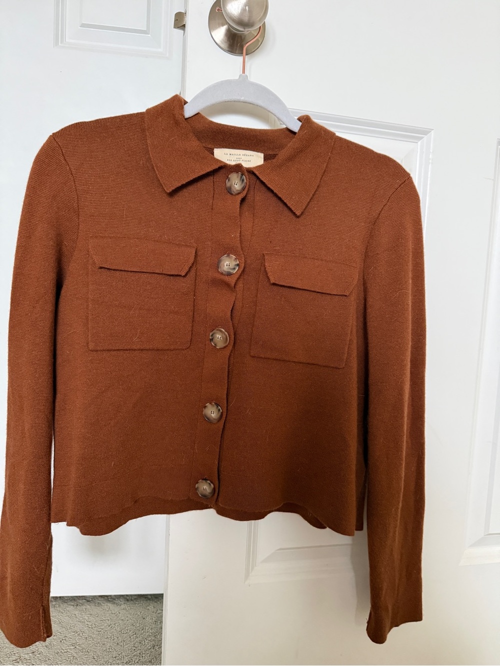 Sezane Chest-Pocket Button-Front Knit Jacket in Rust - Picture 2 of 8